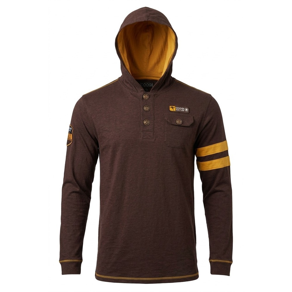 COOGI Hooded Henley Shirt Men's XL Brown Yellow Stitching Aussie Patch Long Slee